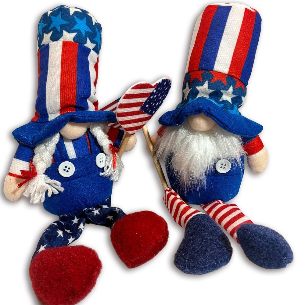 Patriotic 4th of July Gnomes 2 pc USA Red White Blue Shelf Sitt Mantle Dolls
